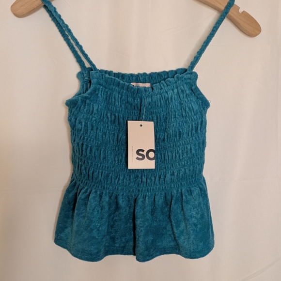 🔴5/$25 Teal Smocked Terry Cloth Camisole with Ruffled Edge - Picture 2 of 6